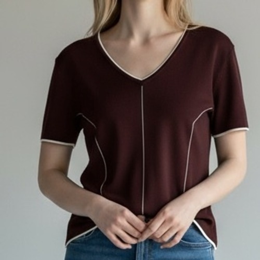 FINITY Women's Brown Knit V-Neck Short Sleeve‎ Top Size L Contrasting Trim